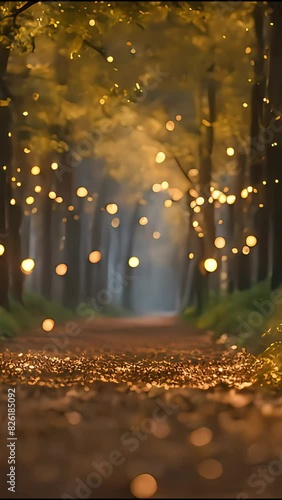 A winding path through a dense forest adorned with numerous lights casting a magical glow, A trail of glittering confetti left behind by a magical creature photo
