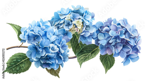 A beautiful watercolor  of blue hydrangea flowers with green leaves, perfect for spring and summer design projects.