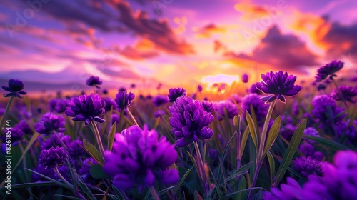 : Purple flowers in a field, their vibrant color intensified by the deep hues of the sunset sky. © Sawera
