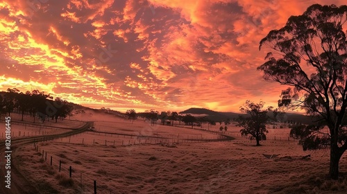   Sunset over a field  tree in fg  distant hill w  fence