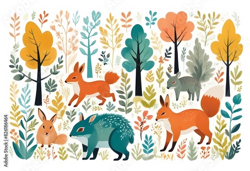 Scandinavian animals set Folk forest vector illustration