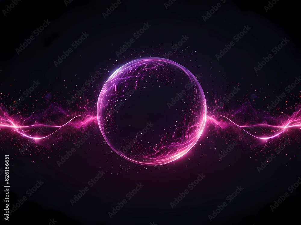 Abstract neon energy sphere of particles and waves of magical glowing on a dark background, circle and loop frames with magic purple and pink flame and sparks