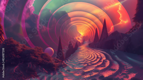 Mystical surreal landscape with a portal to another dimension. photo