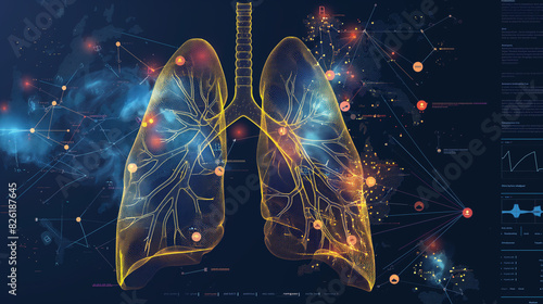 The image shows a pair of human lungs with a glowing, circuit board-like pattern. photo