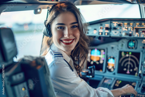 Young female pilot smiling confidently in the airplane cockpit photo