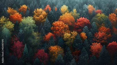 A stunning panorama of a dense forest in autumn, with trees adorned in vibrant shades of green, orange, and red, creating a breathtaking tapestry of colors © faizan muhammad
