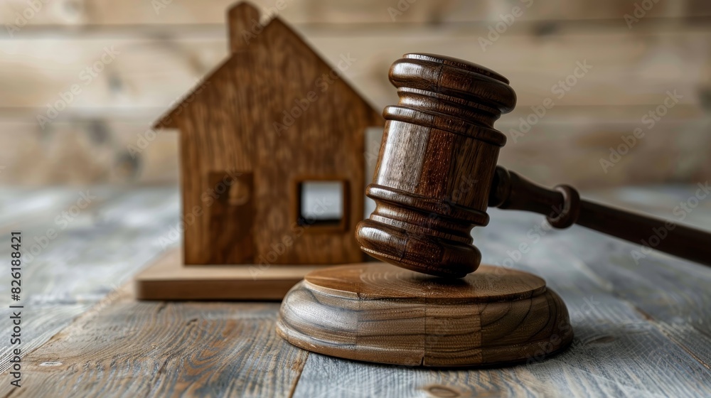 Concept of Justice and Law: Conceptual image of a wooden gavel and house model in a legal context Concept of Justice and Law: Conceptual image of a wooden gavel and house model in a legal context