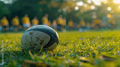 a rugby ball lying on the grass, with players in yellow and black uniforms training in the background, their figures blurred to highlight the focus on the ball.