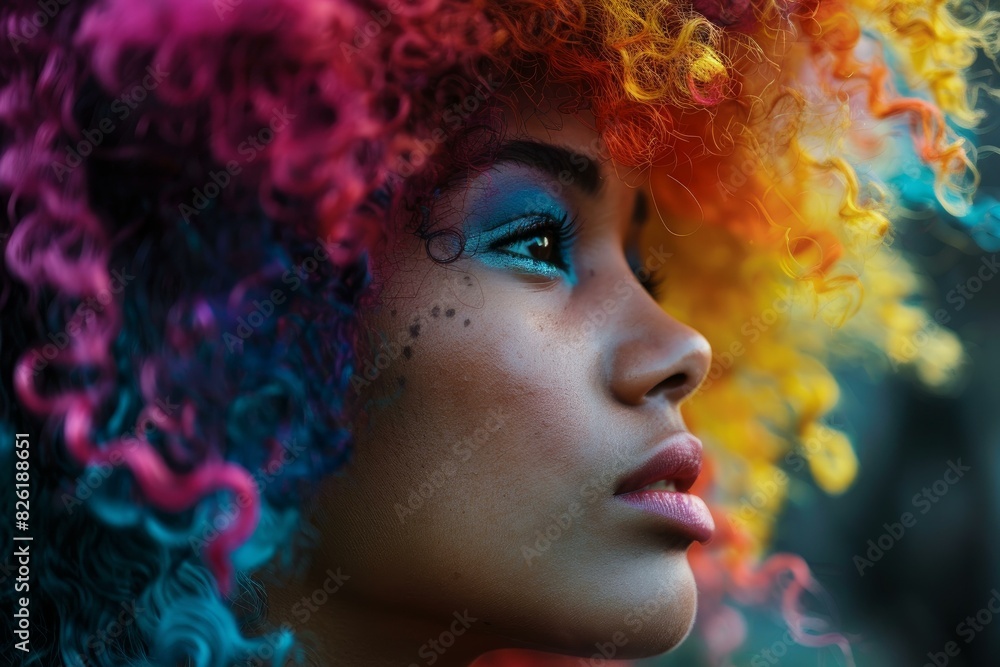 Side profile of a young woman with multicolored curly hair and creative makeup Side profile of a young woman with multicolored curly hair and creative makeup