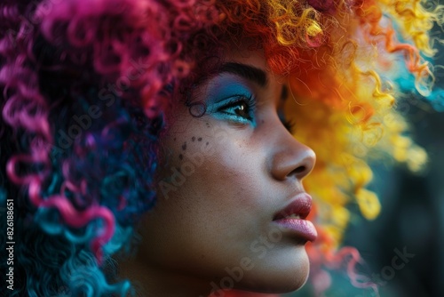 Side profile of a young woman with multicolored curly hair and creative makeup