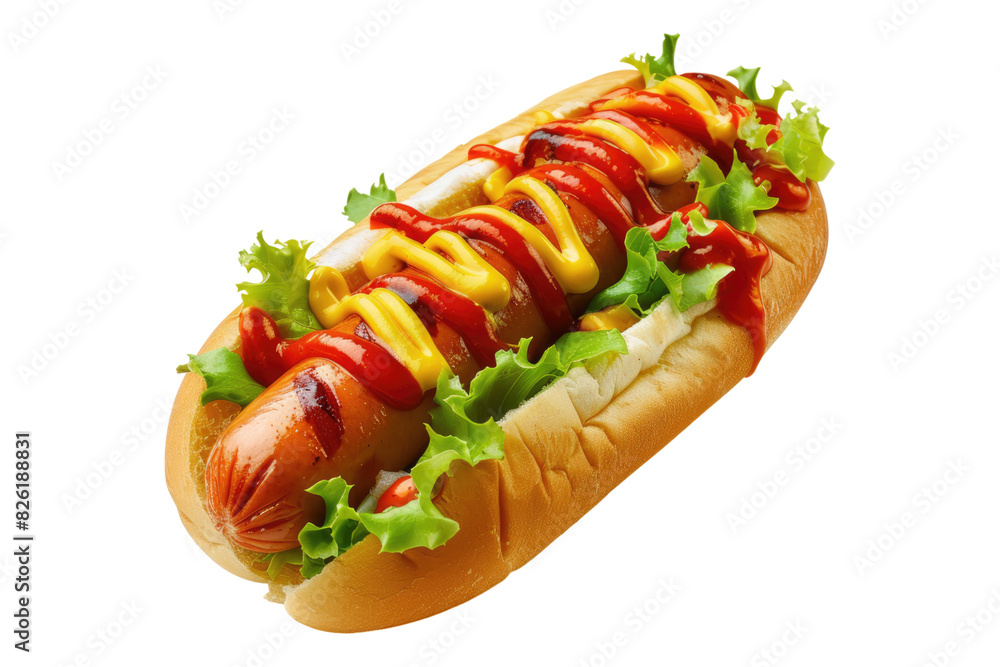 Hot dog with mustard ketchup isolated on white background Hot dog with mustard ketchup isolated on white background
