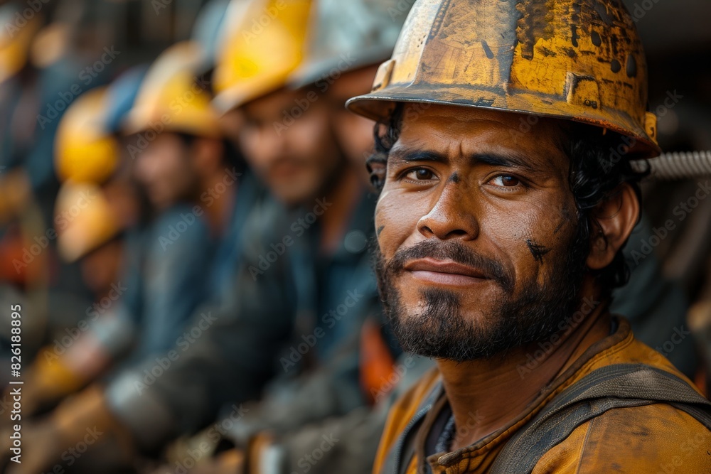 Smiling miner with a dirty face taking a break with his colleagues in the background Smiling miner with a dirty face taking a break with his colleagues in the background