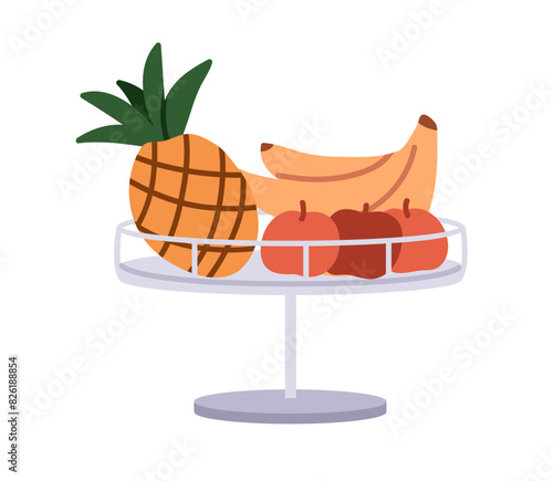 Fruit dish, bowl. Banana, apple, pineapple on platter. Tropical healthy food ...