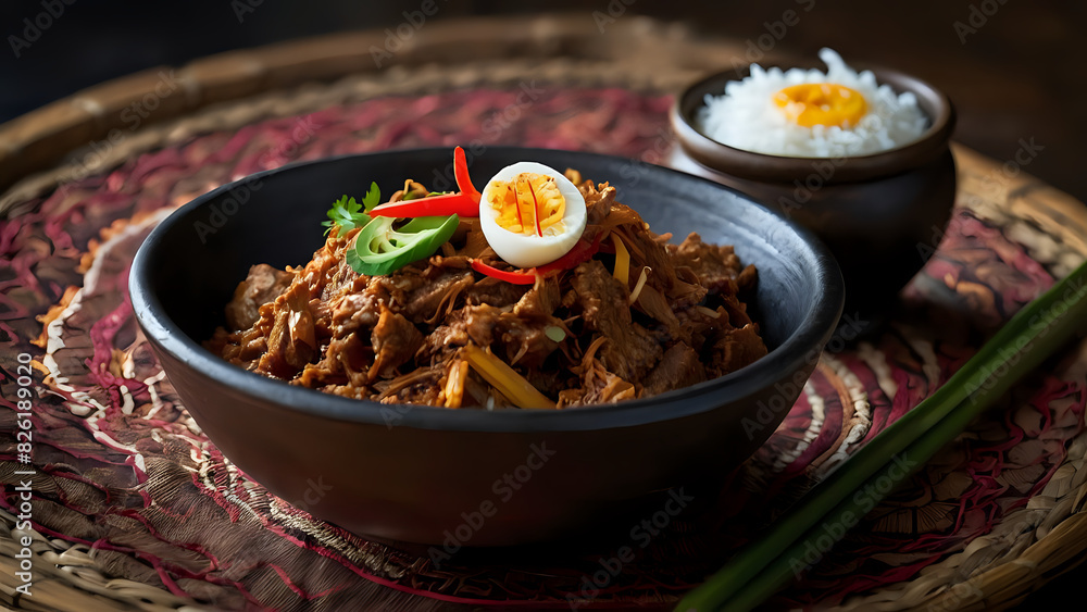 A close-up of a bowl of traditional Indonesian cuisine gudeg A close-up of a bowl of traditional Indonesian cuisine gudeg