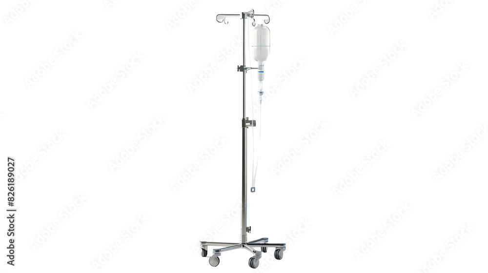 Hospital IV drip stand with fluid bag on wheels, used for patient care in medical settings including hospitals, clinics, and emergency rooms. Hospital IV drip stand with fluid bag on wheels, used for patient care in medical settings including hospitals, clinics, and emergency rooms.