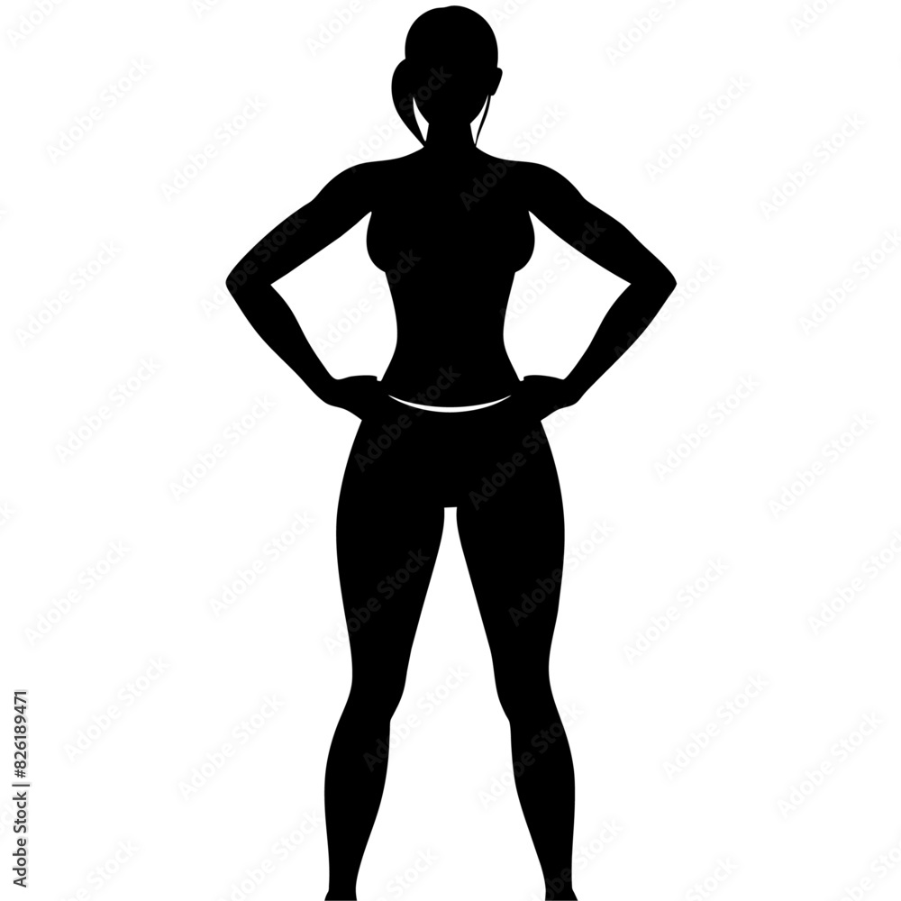 a slim woman stands with her hands on her hips, doing exercises vector silhouette