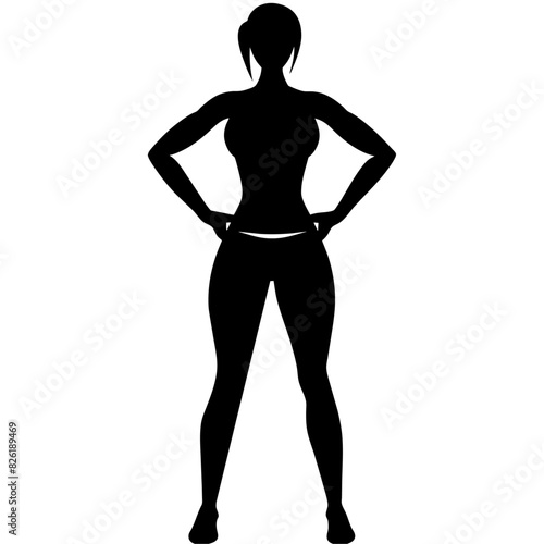 a slim woman stands with her hands on her hips, doing exercises vector silhouette