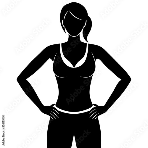 a slim woman stands with her hands on her hips, doing exercises vector silhouette