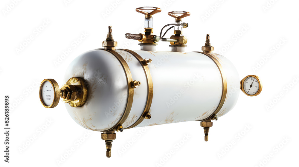 Vintage industrial pressure gauge and valve tank, isolated on white ...