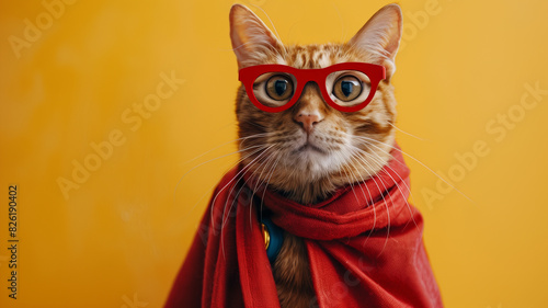 Cute Ginger Cat Wearing Red Glasses and Red Scarf Against Yellow Background