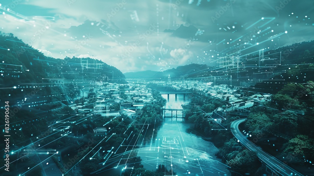 river flow of digital with high tech, hologram, connectivity river flow of digital with high tech, hologram, connectivity