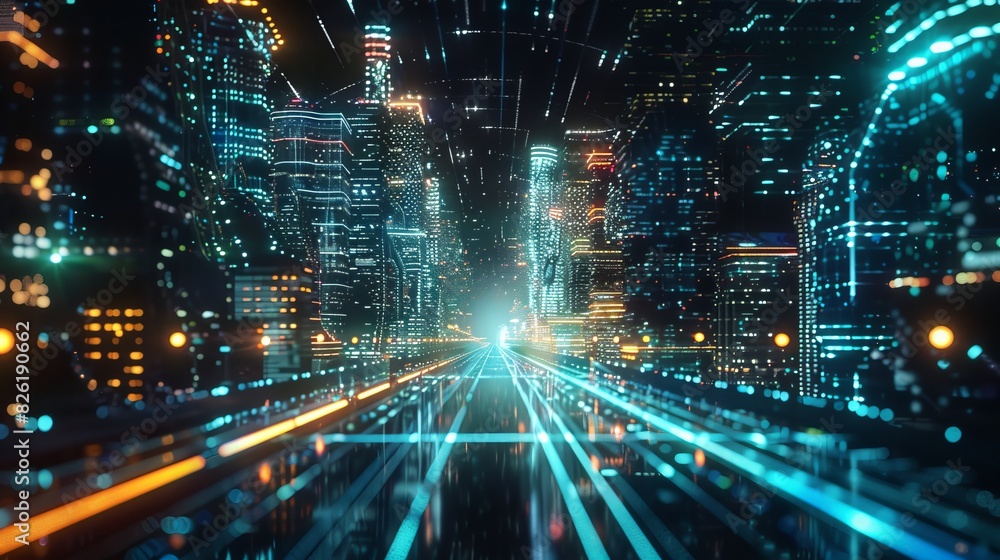 Obraz premium river flow of digital with high tech, hologram, connectivity