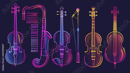 Colorful neon illustrations of string instruments on a dark background, featuring violins, cello, and other musical instruments. photo