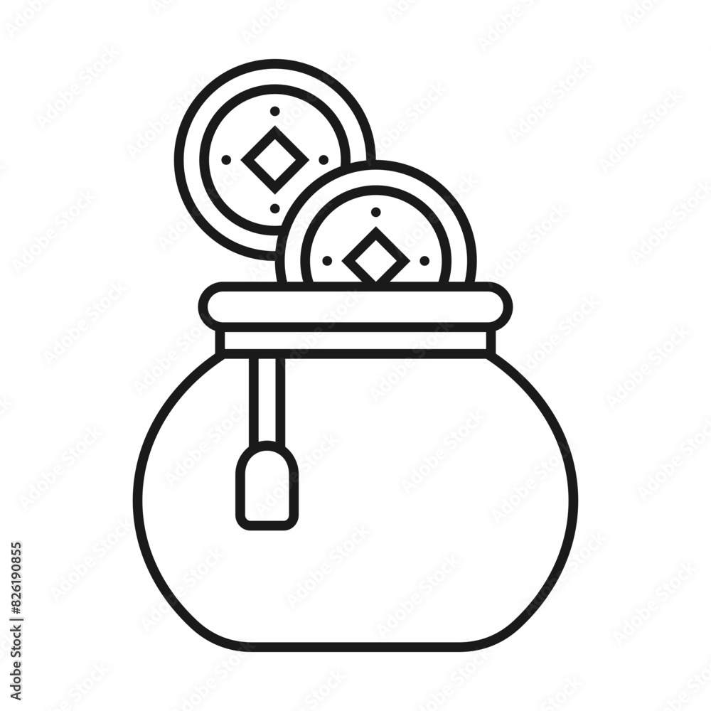 Chinese New Year Coin Icon With Outline Design Style Chinese New Year Coin Icon With Outline Design Style