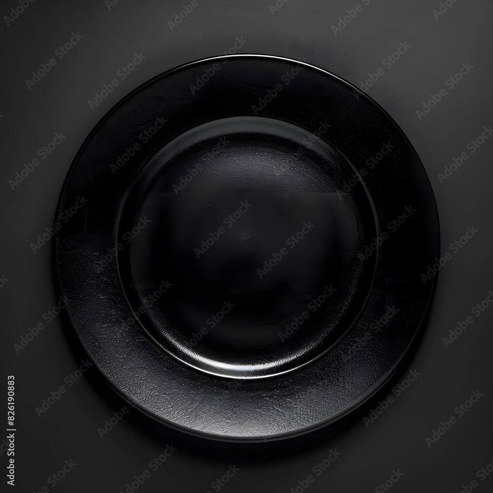 Black empty plate top view isolated on black background Black empty plate top view isolated on black background
