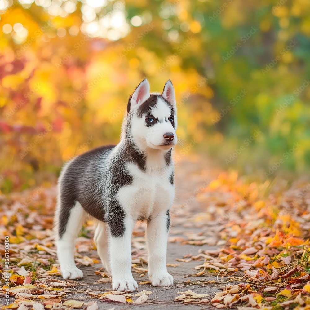 Small husky dog in sidewalk with autumn leaves, showing unique breed traits