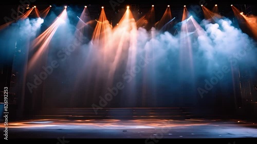 Dark stage with spotlights fog and empty theater set for opera performance. Concept Theater Stage, Spotlights, Fog Effects, Opera Performance, Empty Theater Set photo
