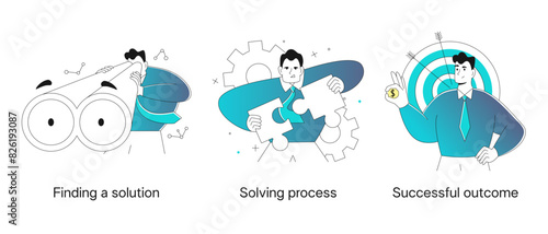 businessman project manager in flat modern styles. The concept of searching for an idea, organizing a solution, planning a strategy, promoting advertising, visualizing successful sales