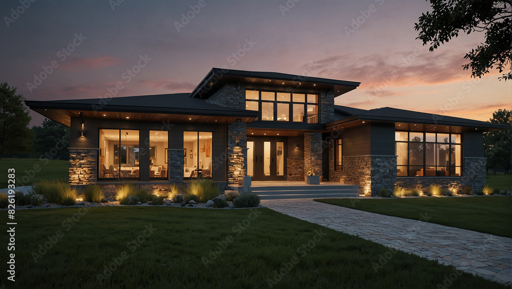 endering of a modern house with a dark exterior and large windows endering of a modern house with a dark exterior and large windows