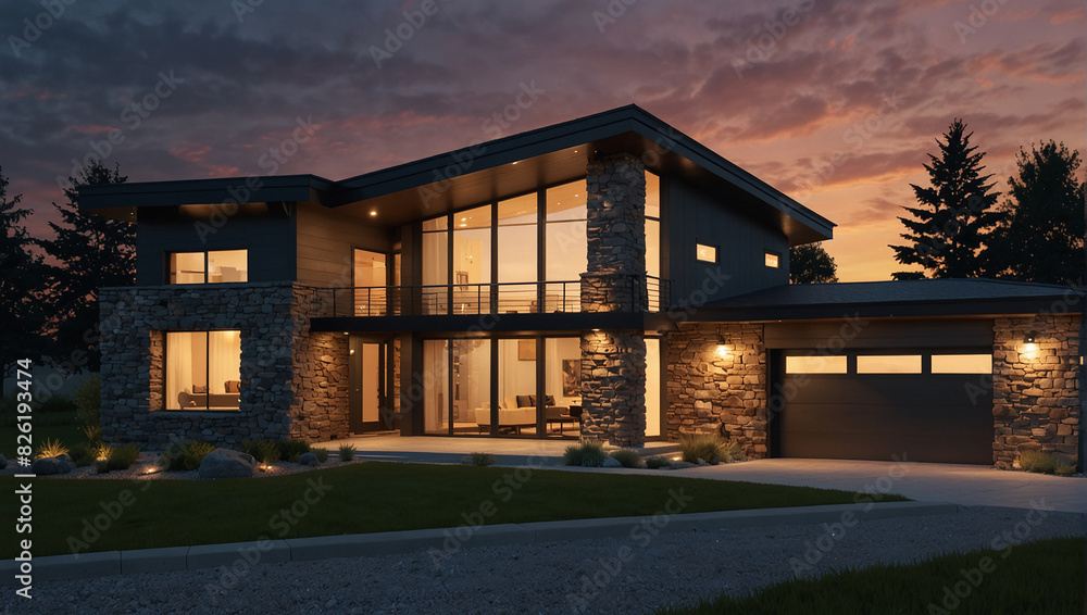 endering of a modern house with a dark exterior and large windows endering of a modern house with a dark exterior and large windows