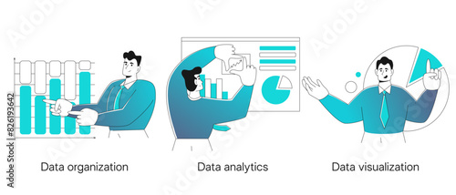businessman conducts business audit in flat modern styles. Concept Data Organization, Data Analytics, Data Visualization
