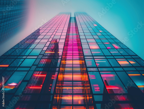 Wallpaper Mural Modern skyscraper with vibrant neon lights in an urban cityscape, creating a futuristic and dynamic atmosphere perfect for business, technology, and innovation themes. Torontodigital.ca