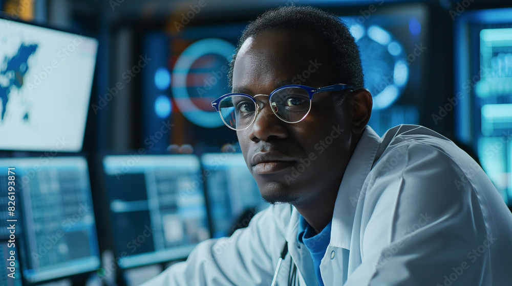 Portrait of an African American software and data engineer at his workplace. Portrait of an African American software and data engineer at his workplace.