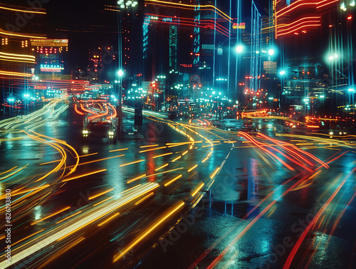 Vibrant nightlife of a bustling city, with bright neon lights and dynamic motion blur of car trails on wet streets. Perfect for urban lifestyle, travel, and technology themes.