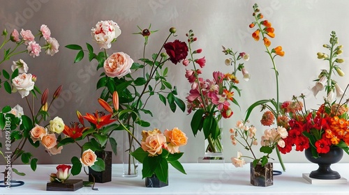   Tablecloth covered table with vases filled with diverse flowers