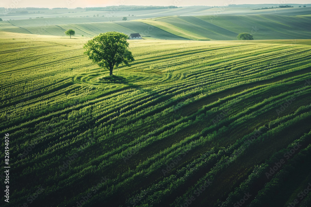Aerial view of vast, open farmland with a lone tree as the focal point. Emphasize the expansiveness and simplicity of the landscape, with the uniform rows of crops Aerial view of vast, open farmland with a lone tree as the focal point. Emphasize the expansiveness and simplicity of the landscape, with the uniform rows of crops