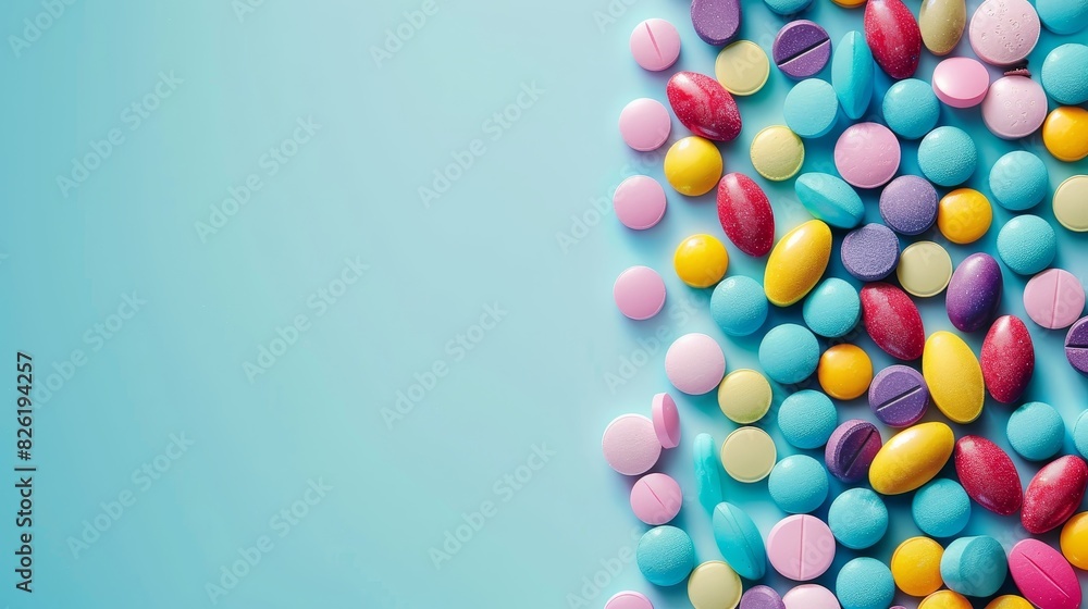 Health, Science and Lab Test Concept : Colorful pills and pastel shades of multivitamins in a light blue background