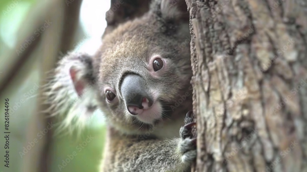 Naklejka premium A surprise-filled koala's close-up on a tree, captured by the camera