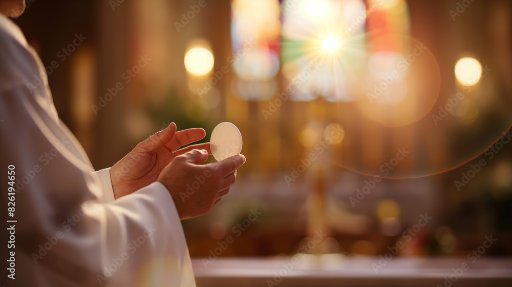 Close-up of a priest's hands holding a communion wafer with church windows in the background