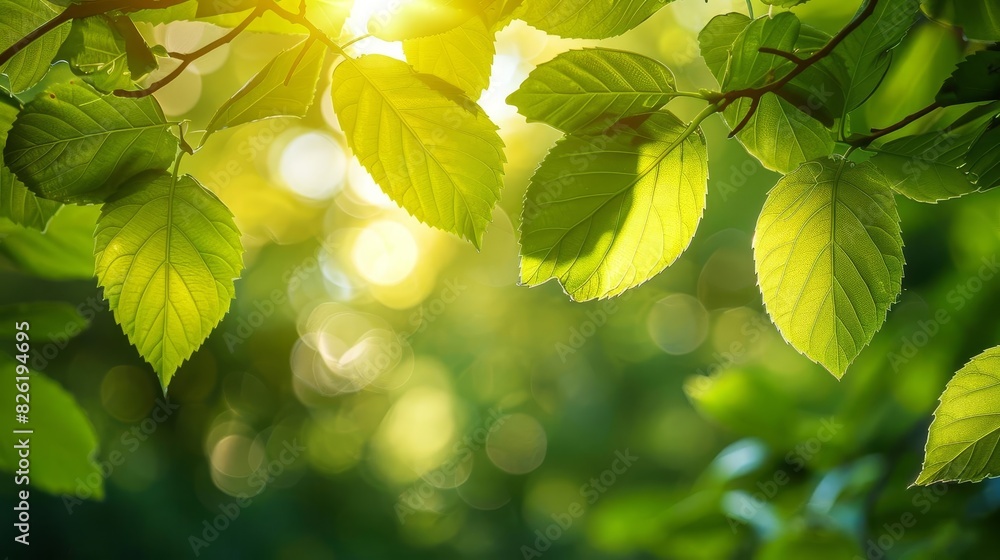 Sunlight through fresh green leaves, leaving clear space for text Sunlight through fresh green leaves, leaving clear space for text
