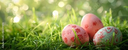Pastel Easter eggs in grass with softfocus, leaving room for copy photo
