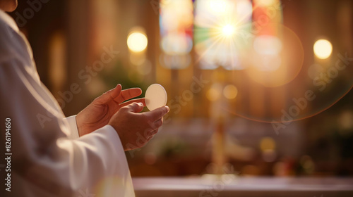 Obraz na płótnie Close-up of a priest's hands holding a communion wafer with church windows in the background w salonie