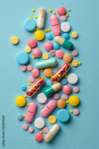 Health, Science and Lab Test Concept : Colorful pills and pastel shades of multivitamins in a light blue background