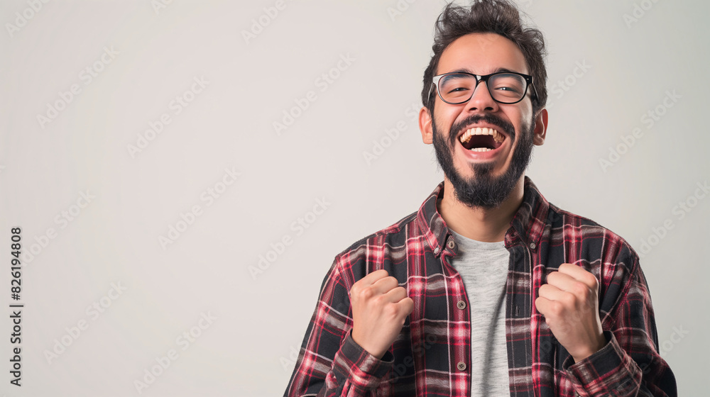 Excited Young Man Cheering with Fist Pump in Casual Plaid Shirt Excited Young Man Cheering with Fist Pump in Casual Plaid Shirt