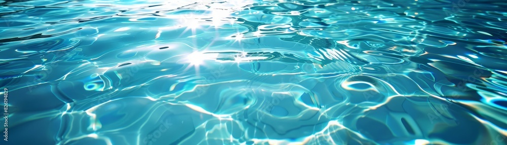 Clear pool water with sunlight reflections, leaving space for text