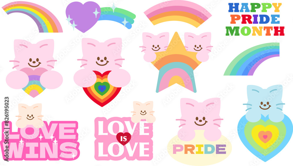 Happy Pride Month with Cat and rainbow elements for logo, icon, sticker, tattoo, pet, vet, pet shop, decorations, shirt print, love sign, symbol, plush toy, dolls, cartoon, character, comic, mascot Happy Pride Month with Cat and rainbow elements for logo, icon, sticker, tattoo, pet, vet, pet shop, decorations, shirt print, love sign, symbol, plush toy, dolls, cartoon, character, comic, mascot